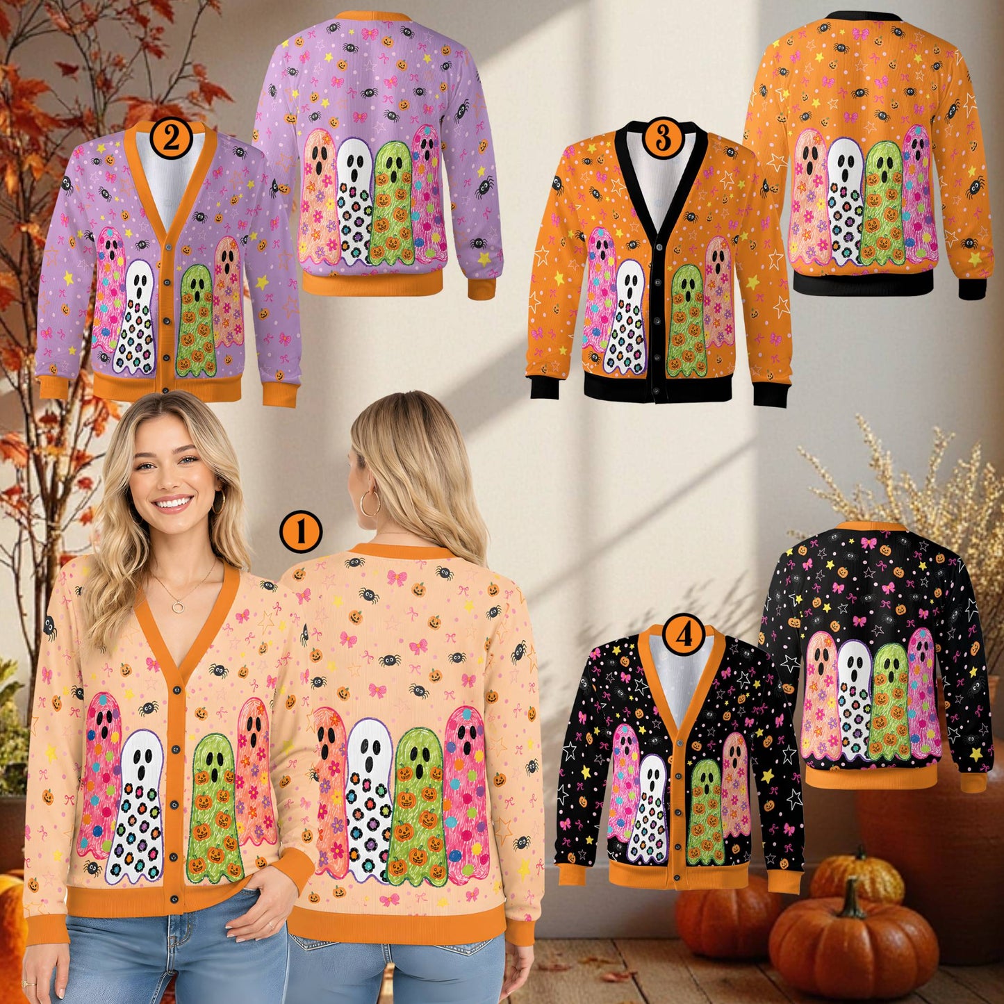 Detail view of the cute halloween cardigan fabric pattern