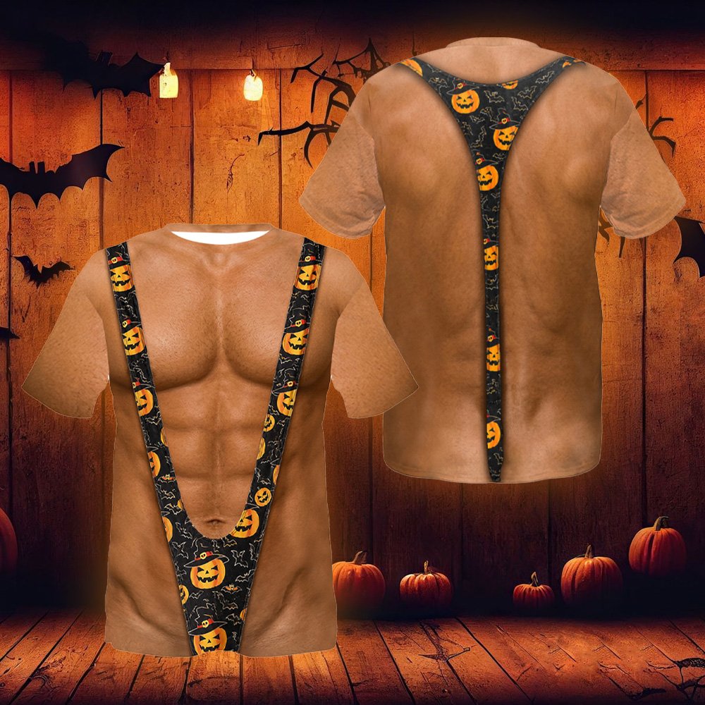 Close-up front view of the halloween t-shirt with bat and pumpkin patterns