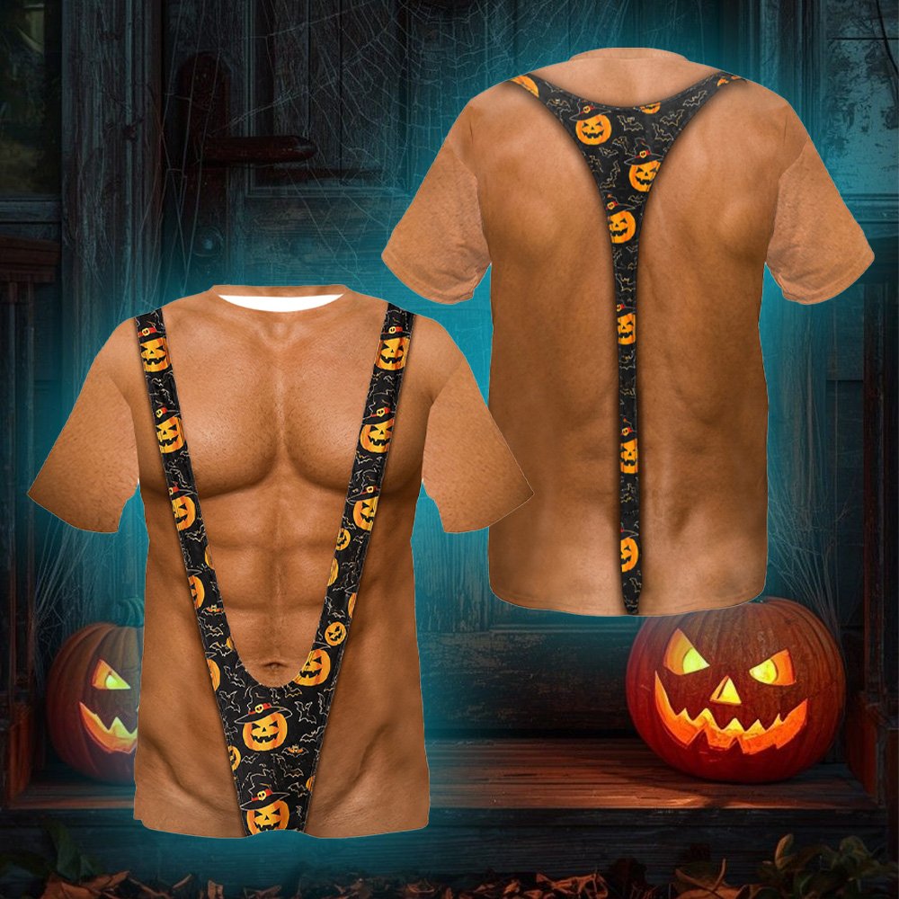 Detailed front view of the optical illusion torso design on the t-shirt