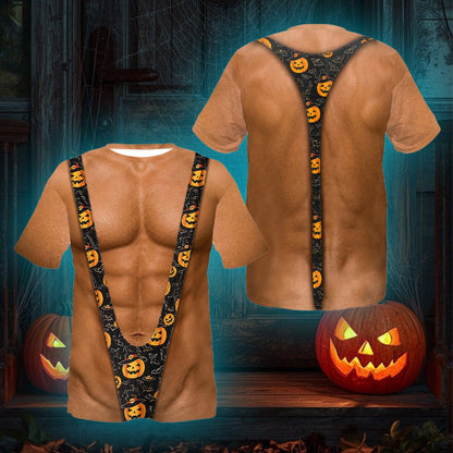 Detailed front view of the optical illusion torso design on the t-shirt