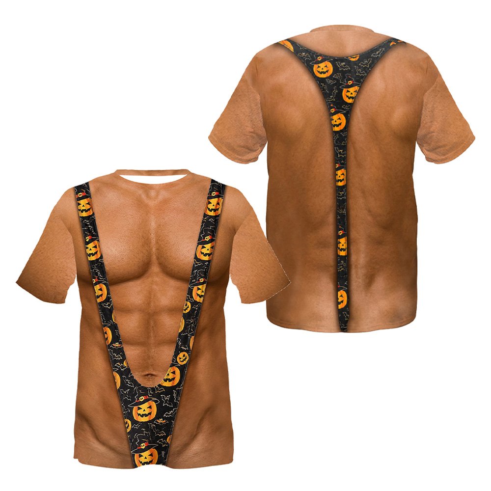 Men's halloween t-shirt featuring a muscular torso and jack-o'-lantern mankini illusion, main view