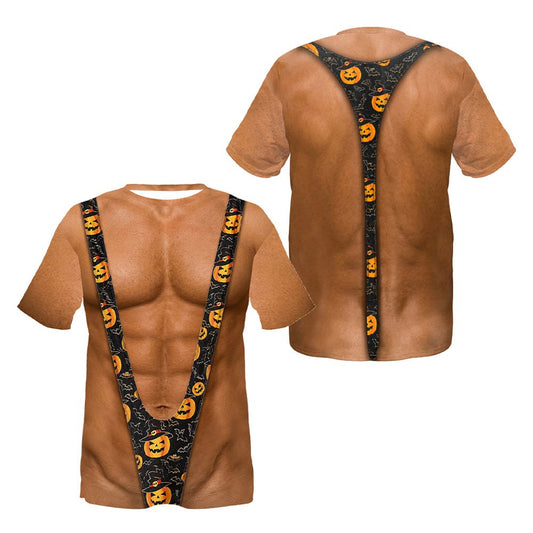 Men's halloween t-shirt featuring a muscular torso and jack-o'-lantern mankini illusion, main view