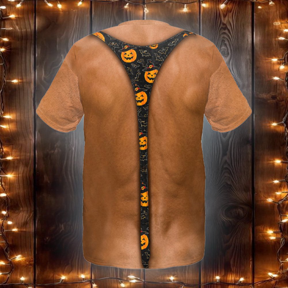 Second lifestyle shot of the hilarious mankini illusion t-shirt at a seasonal event