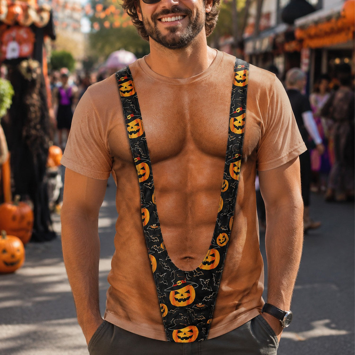 Lifestyle shot of an adult wearing the men's halloween t-shirt outdoors