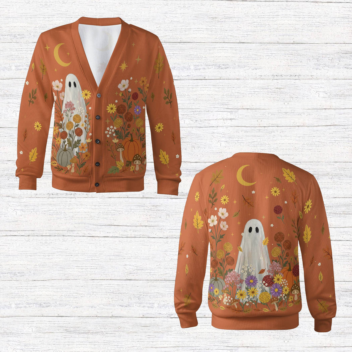 Holiday cardigan featuring a ghost and pumpkins, orange front view