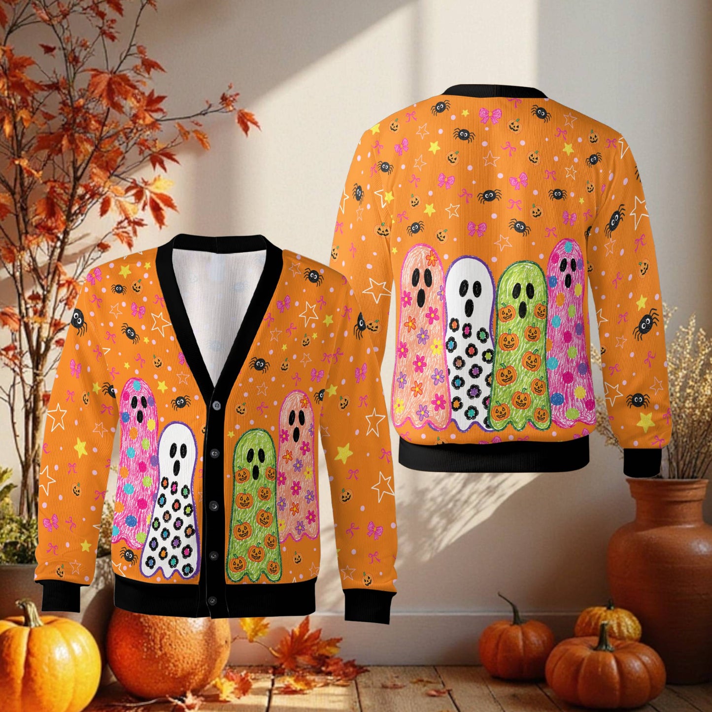 Orange trim version of the holiday cardigan with scribbled ghosts