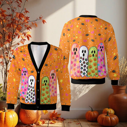Orange trim version of the holiday cardigan with scribbled ghosts
