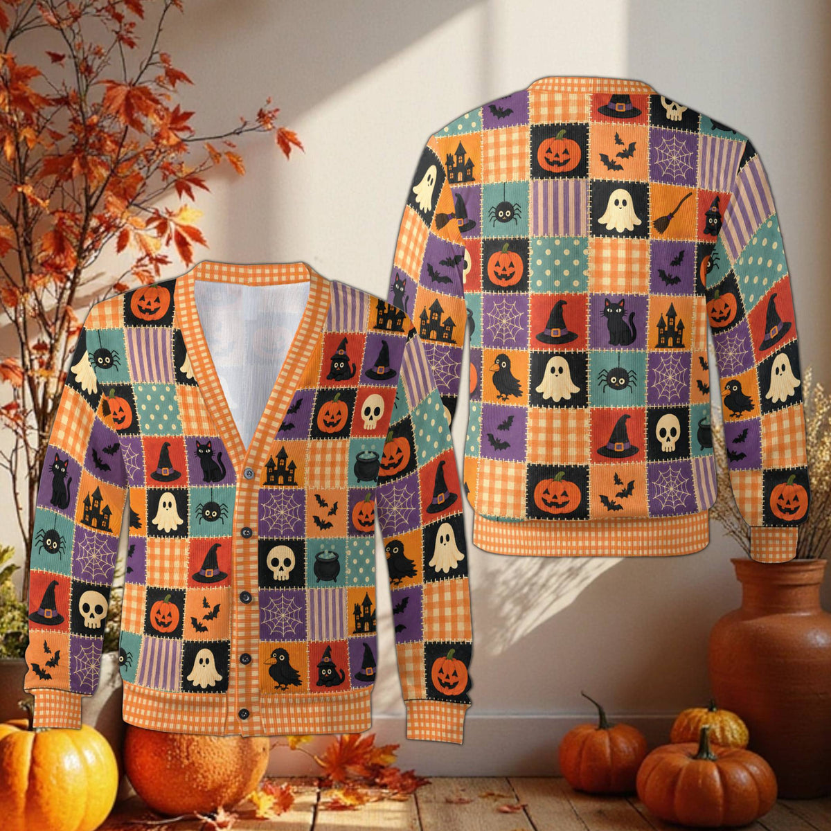 Halloween patchwork cardigan with pumpkins, bats, and ghosts on a white background