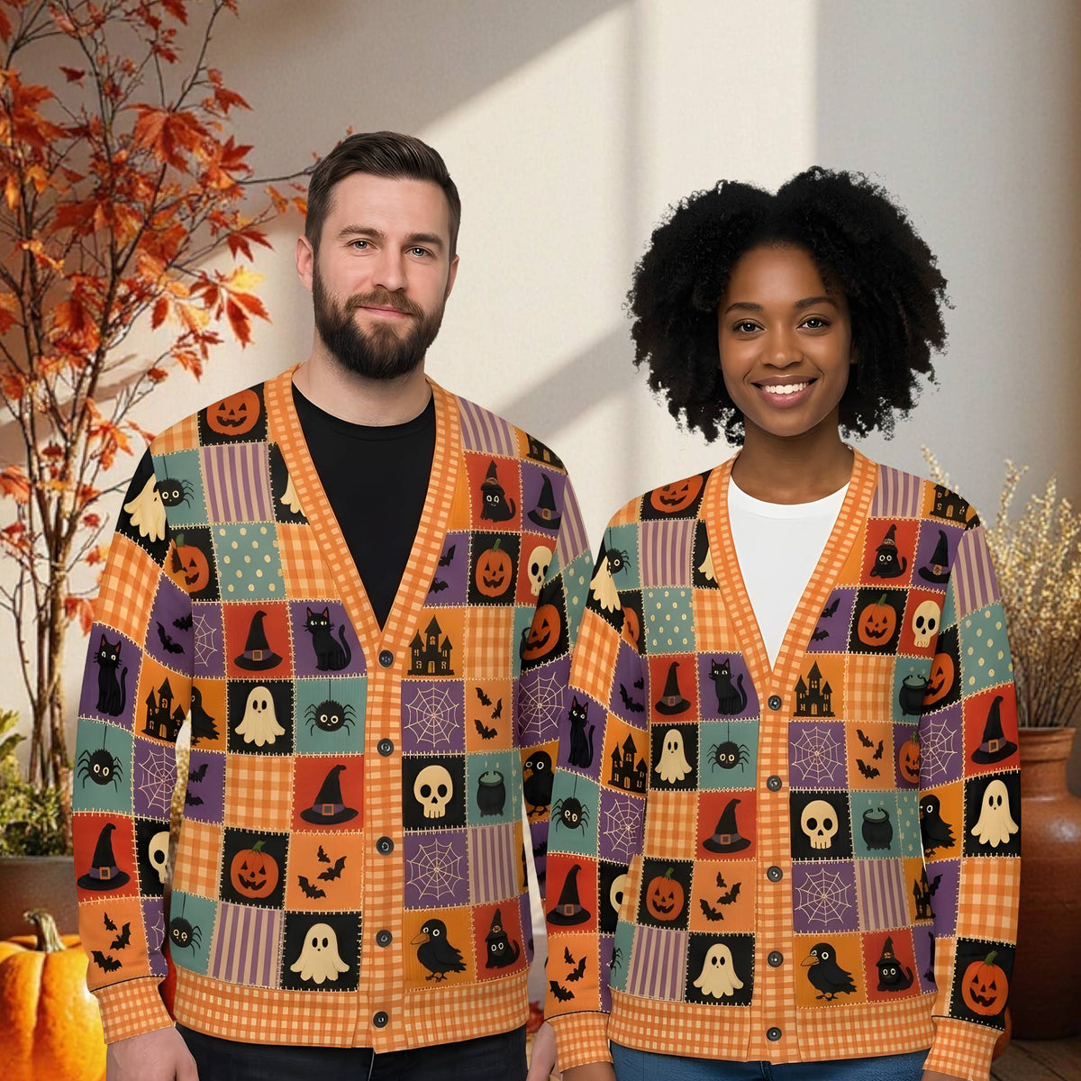 Person wearing the Halloween patchwork cardigan in a festive lifestyle setting