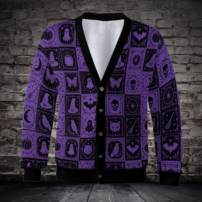 Purple and black Halloween cardigan with patchwork motifs like pumpkins and skulls, front view