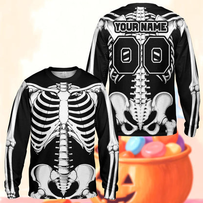 Front view of the personalized black long-sleeve t-shirt with detailed skeleton design