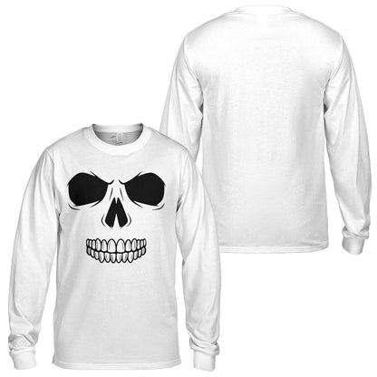 White long sleeve t-shirt with skull graphic, front view