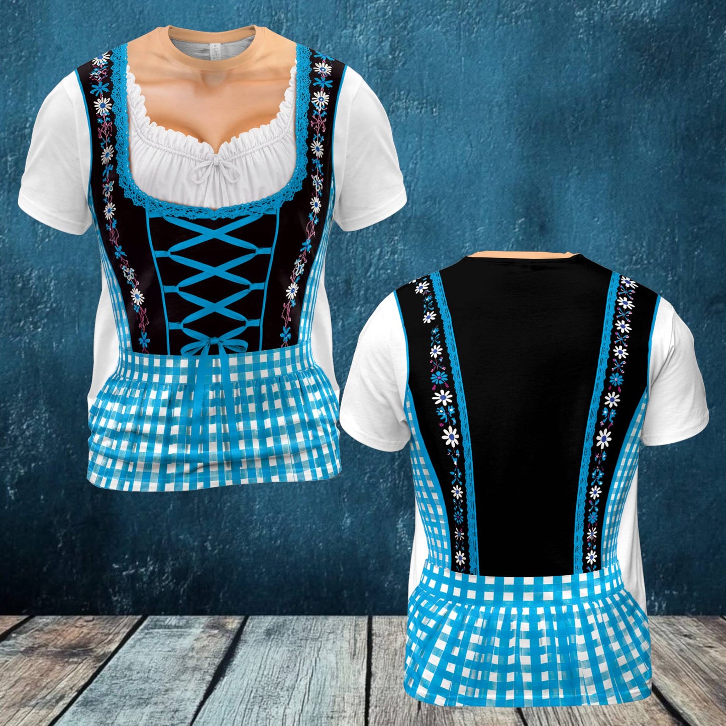 Blue faux dirndl Oktoberfest t-shirt flat lay