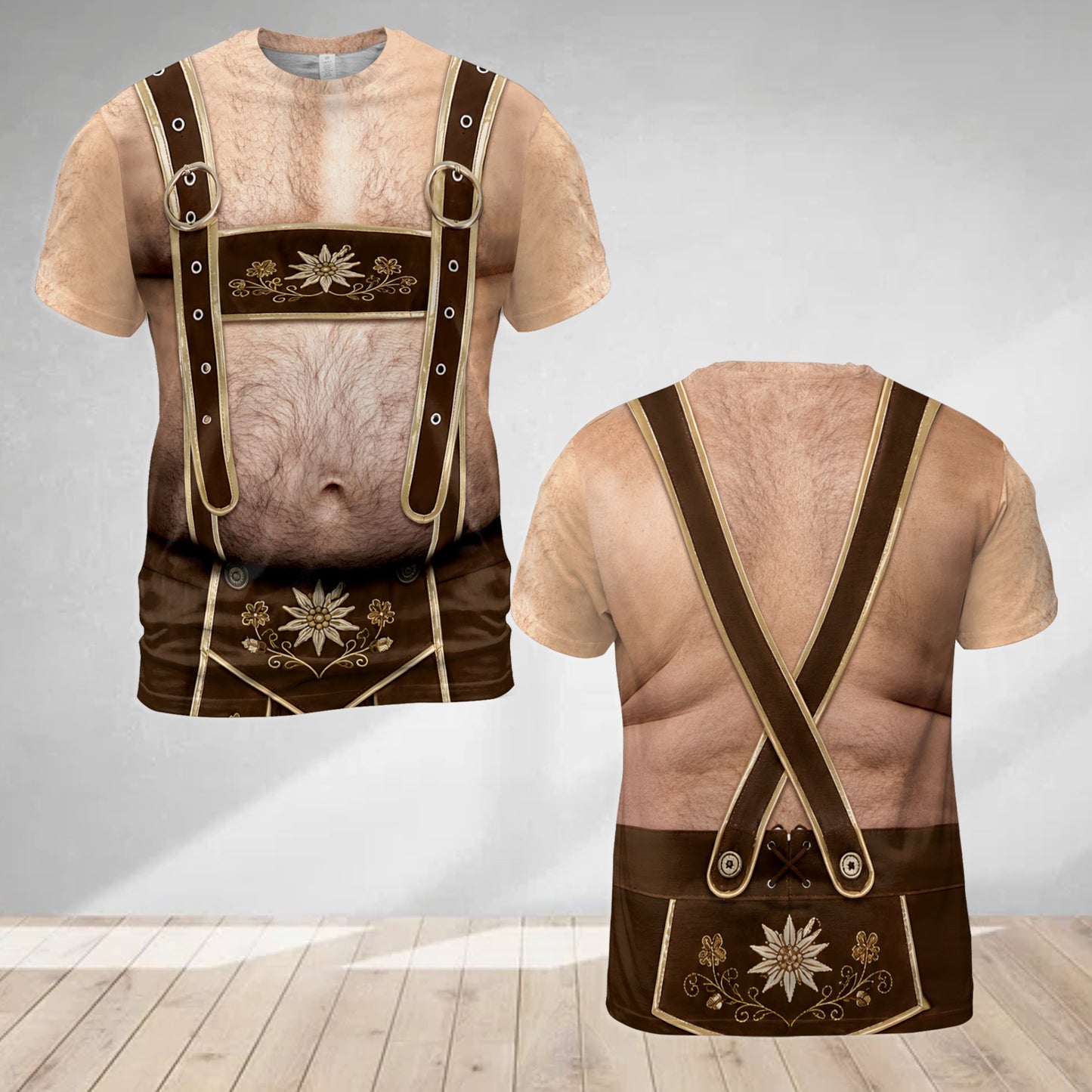 Realistic Oktoberfest lederhosen photo t-shirt featuring a bare torso with brown suspenders, front view