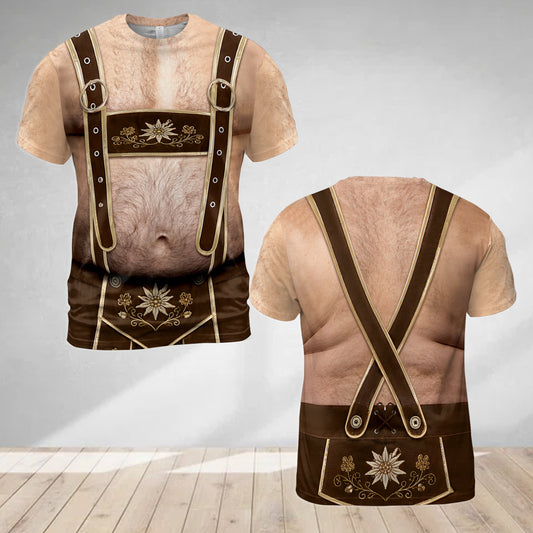 Realistic Oktoberfest lederhosen photo t-shirt featuring a bare torso with brown suspenders, front view