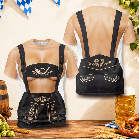 Realistic Oktoberfest t-shirt with dirndl and lederhosen photo print, main view