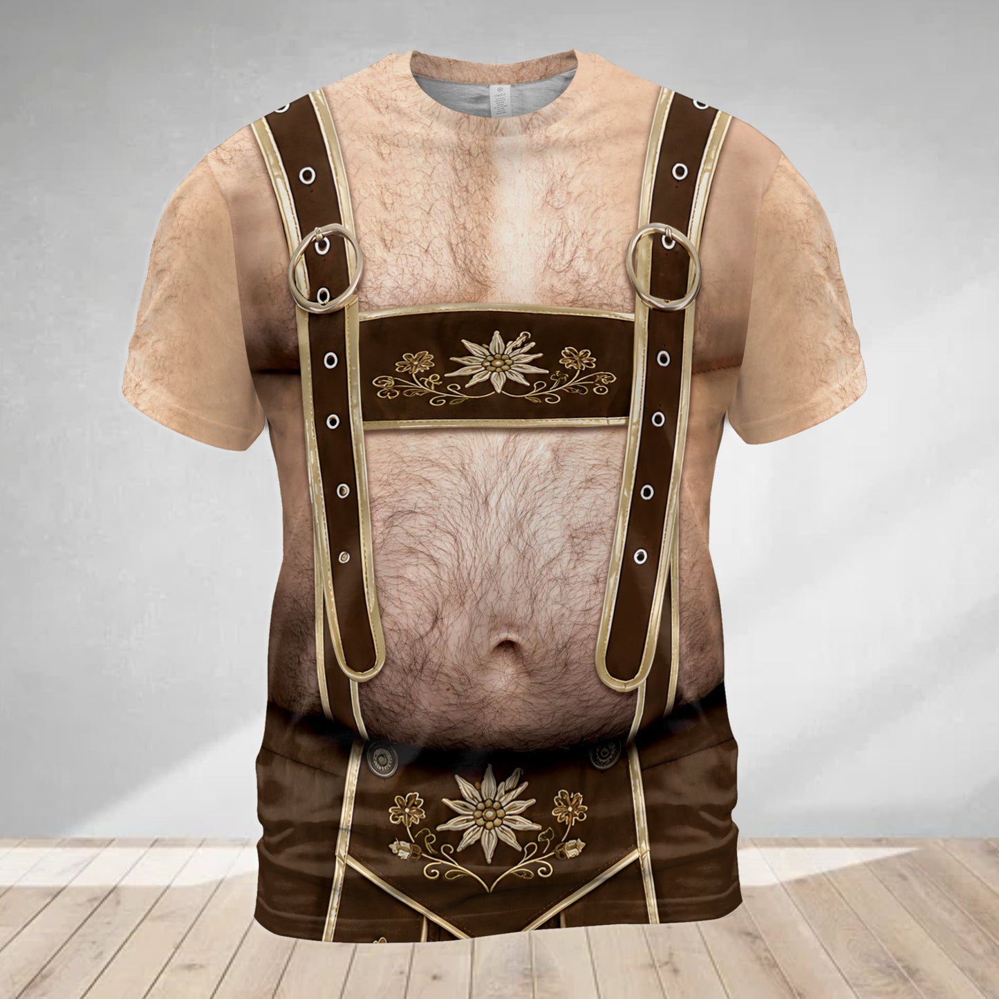 Close-up of the traditional Bavarian lederhosen design with edelweiss floral embroidery