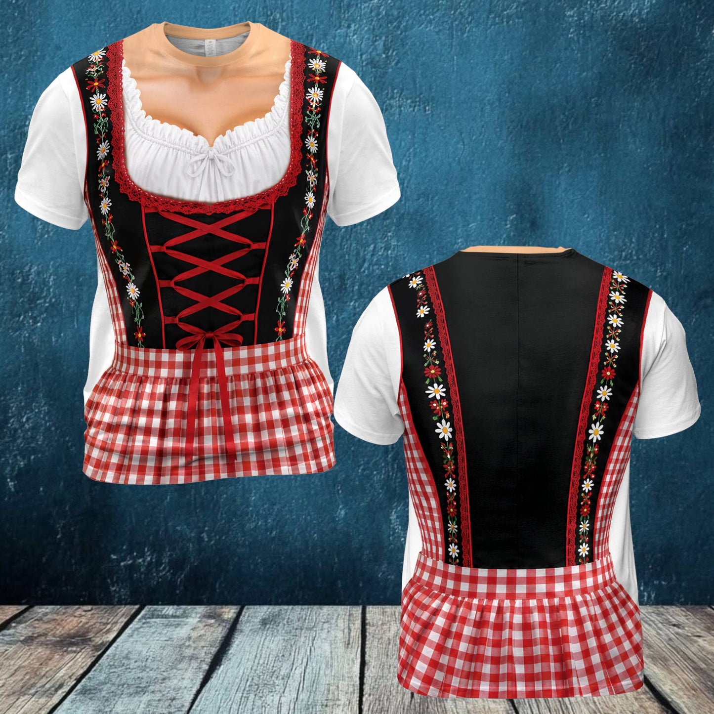 Red faux dirndl Oktoberfest t-shirt front view