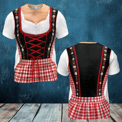 Red faux dirndl Oktoberfest t-shirt front view