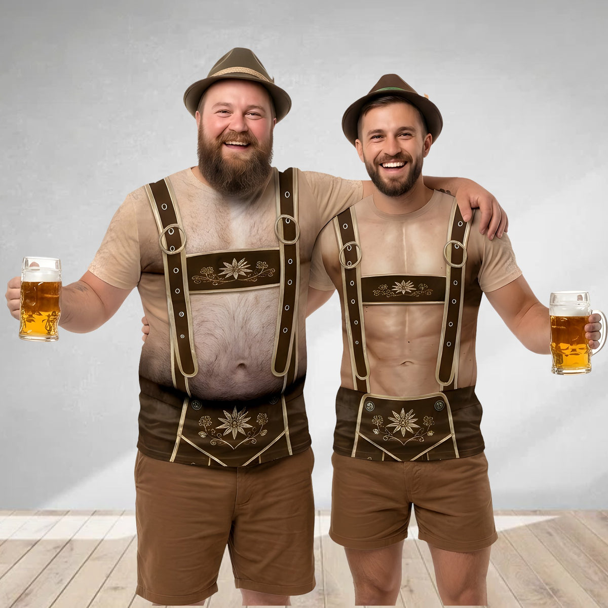 Side angle view of the Oktoberfest lederhosen t-shirt showcasing the all-over print