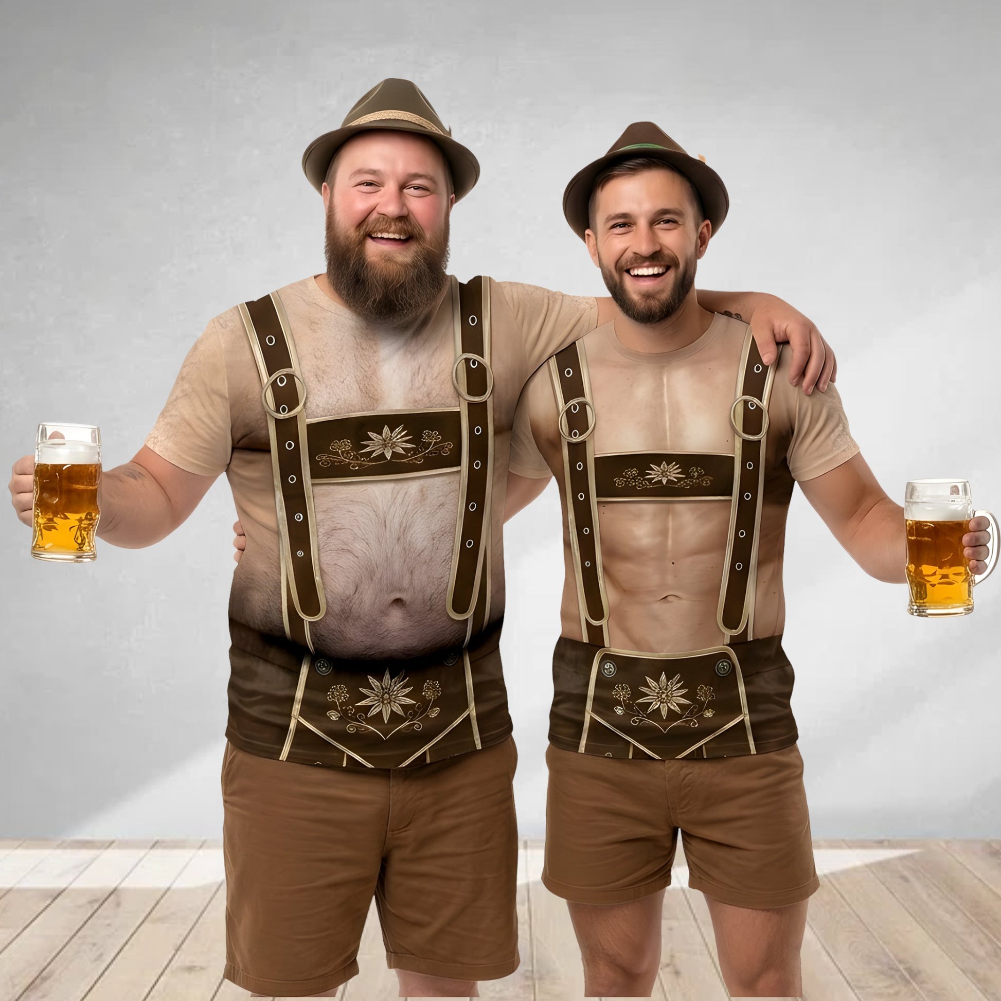 Side angle view of the Oktoberfest lederhosen t-shirt showcasing the all-over print