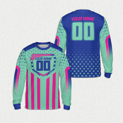 Teal long sleeve t-shirt with faux baseball jersey design, front view