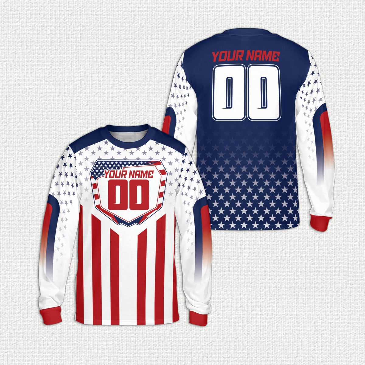 White custom name and number t-shirt with patriotic baseball design, front view