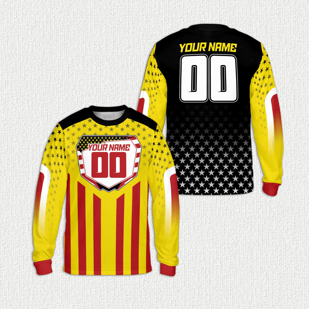Yellow personalized t-shirt with patriotic stars and stripes, front view