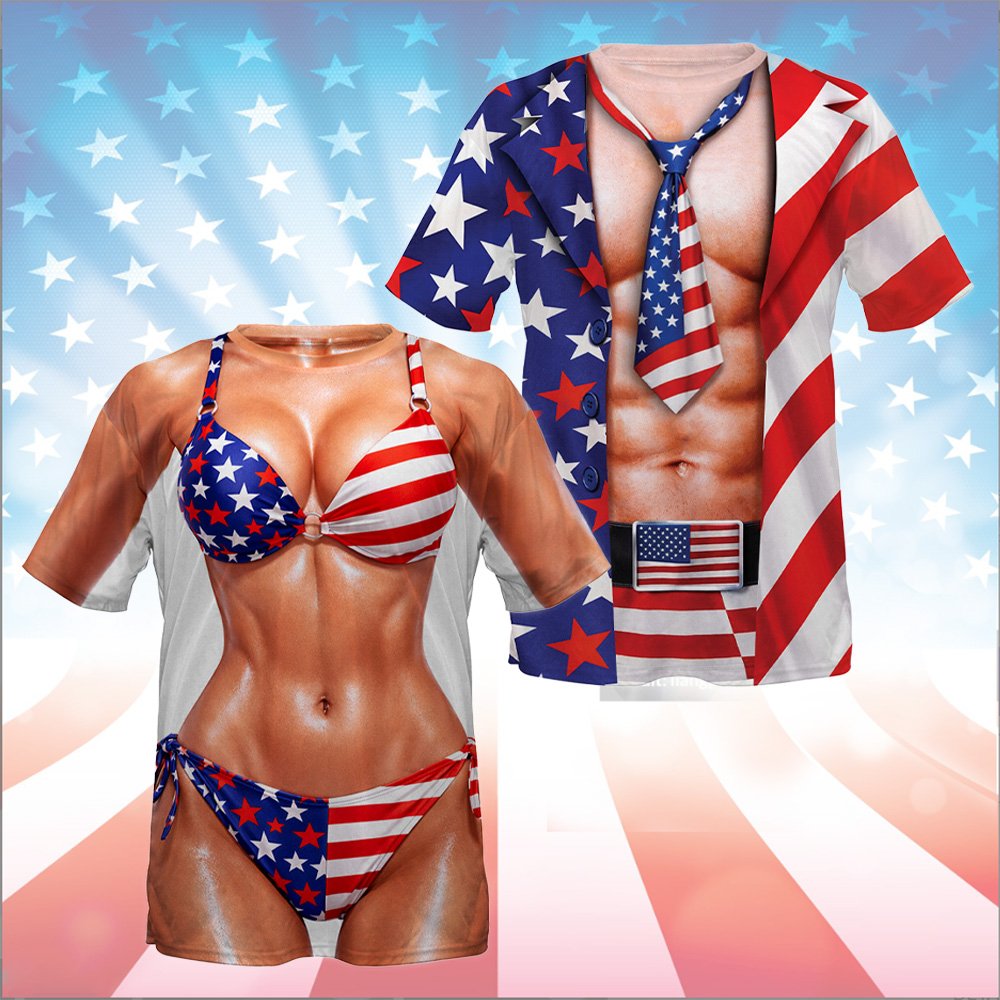 Front view of the 3D novelty American flag motif t-shirt