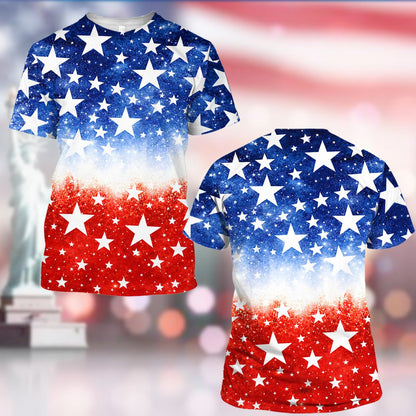 Abstract t-shirt showing a red, white, and blue gradient with stars, alternate front view