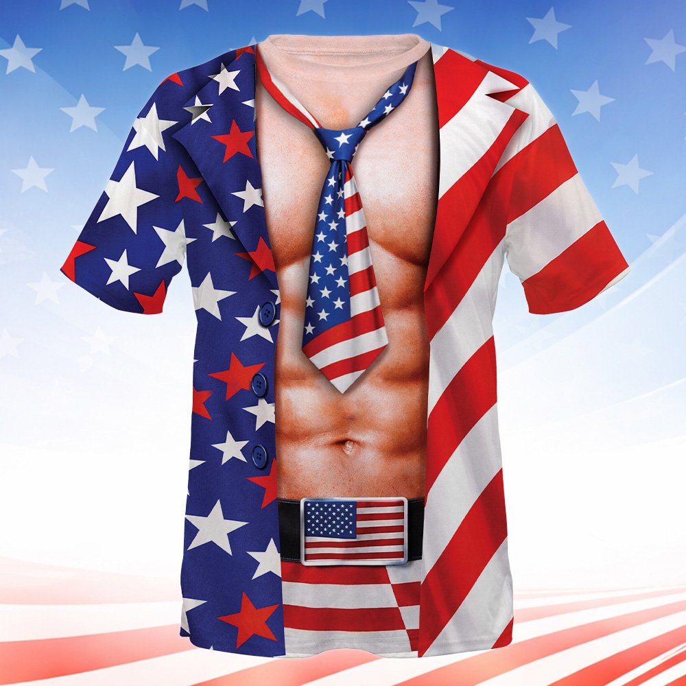Another front view of the patriotic t-shirt showing the printed tie and stars