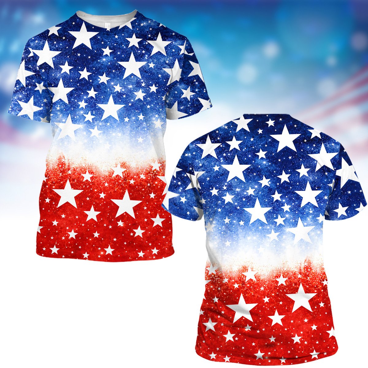 Fourth of july t-shirt featuring a red, white, and blue star gradient, main view