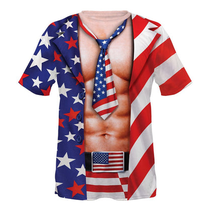Main view of the red patriotic t-shirt featuring a 3D unbuttoned shirt and bare chest design