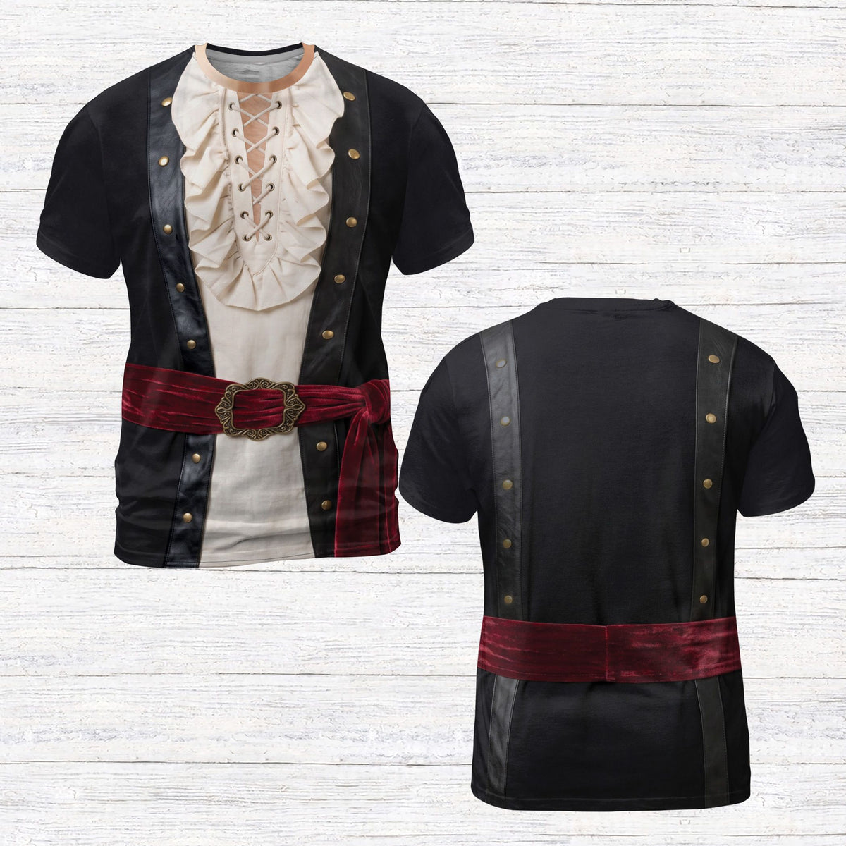 Front view of the pirate t-shirt with printed black vest and red sash