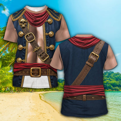 Detailed front view of the mens pirate t-shirt showing skull buckle