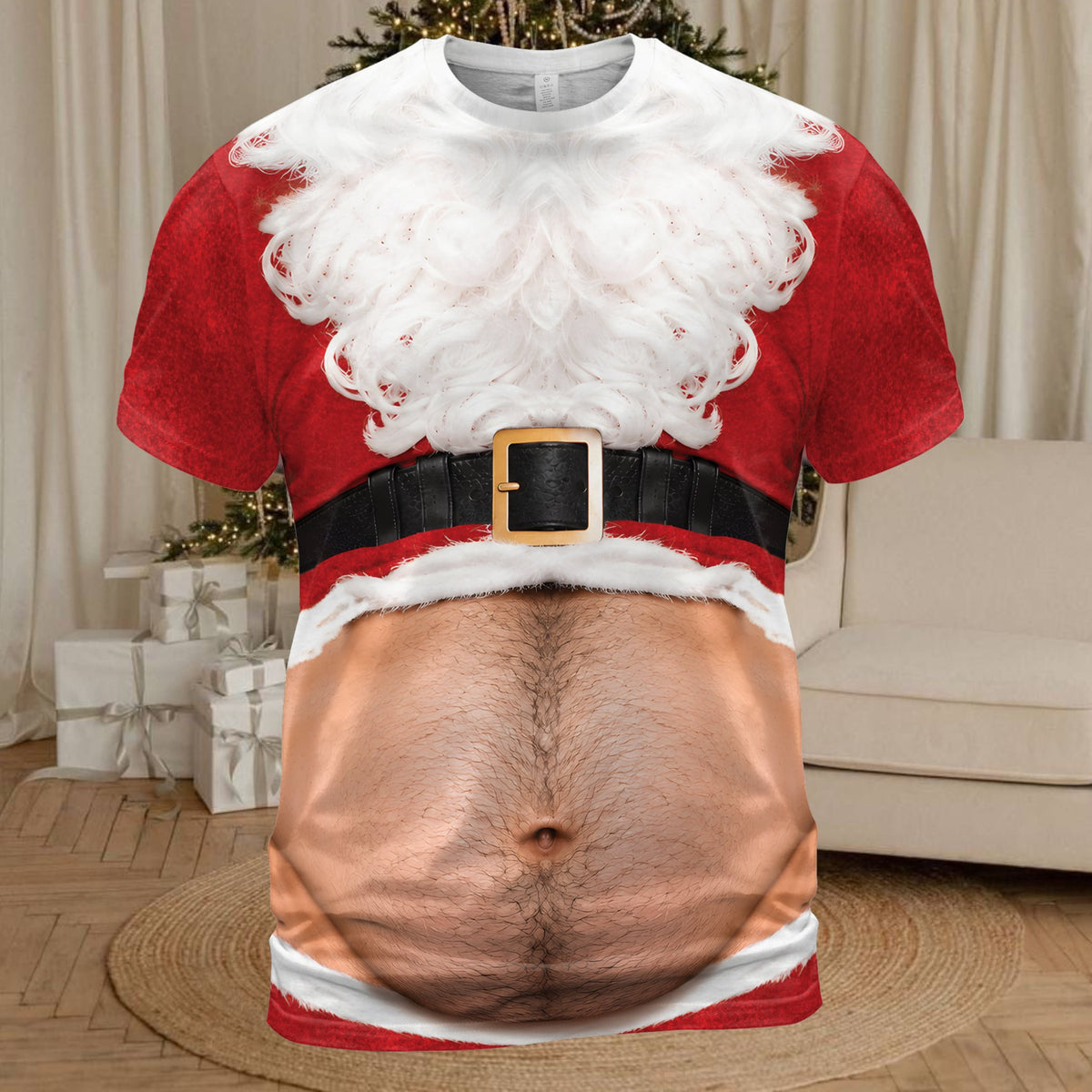 Novelty holiday t-shirt with faux hairy chest Santa design front view