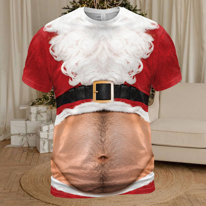 Novelty holiday t-shirt with faux hairy chest Santa design front view