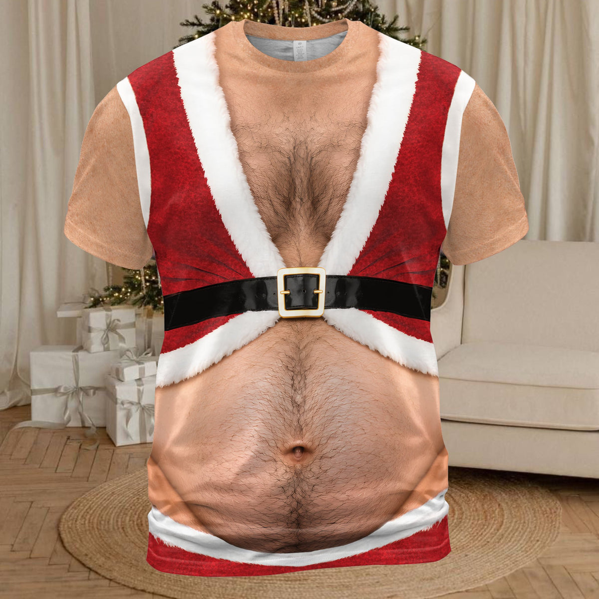 Santa claus costume t-shirt with faux belly print front view