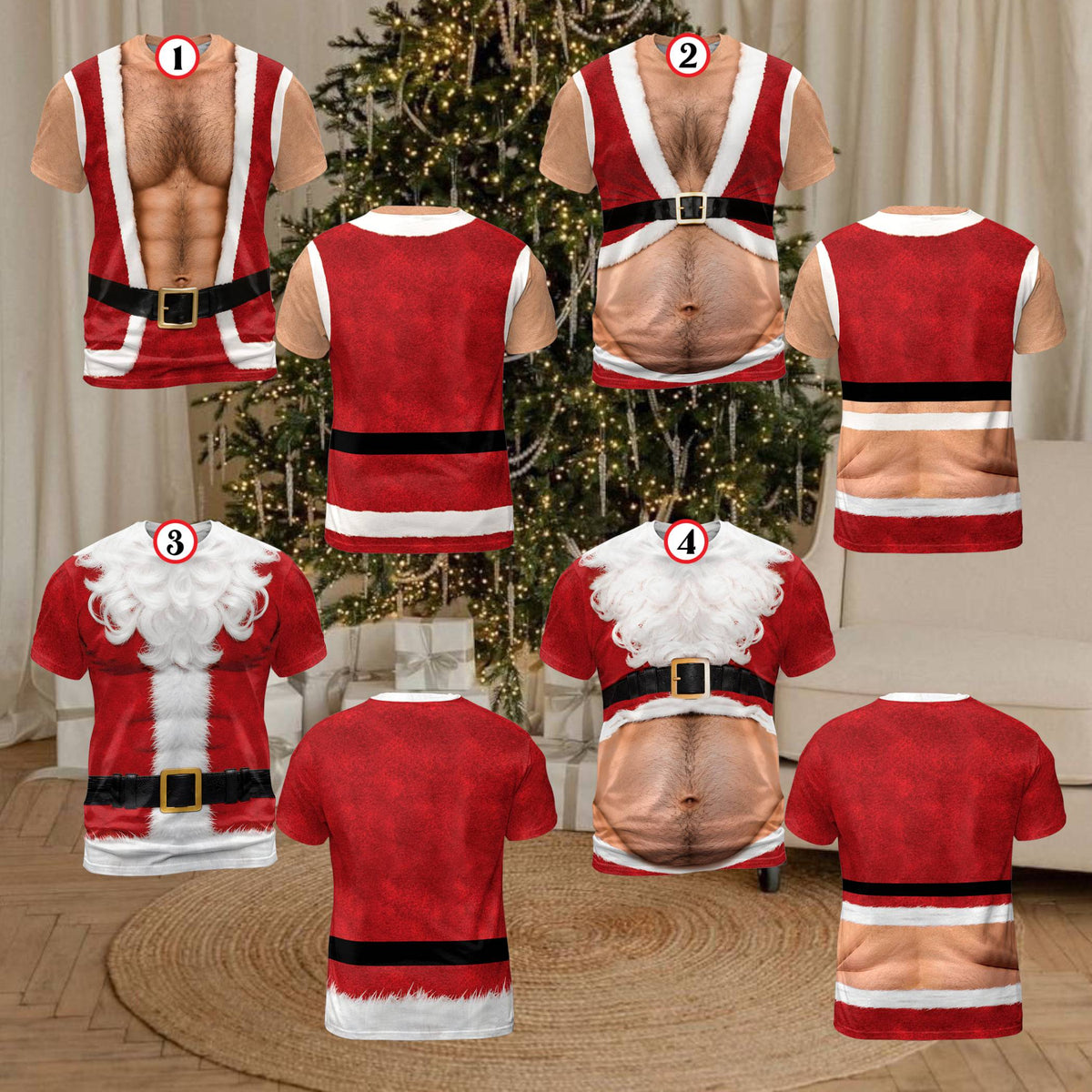 Red claus t-shirt with printed beard and suit front view