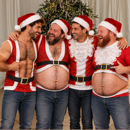 Adult wearing the novelty red santa t-shirt in a festive holiday setting