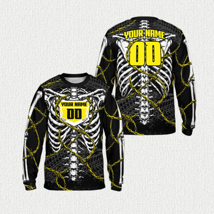 Black long-sleeve skeleton barbed wire t-shirt with a colorful torso design