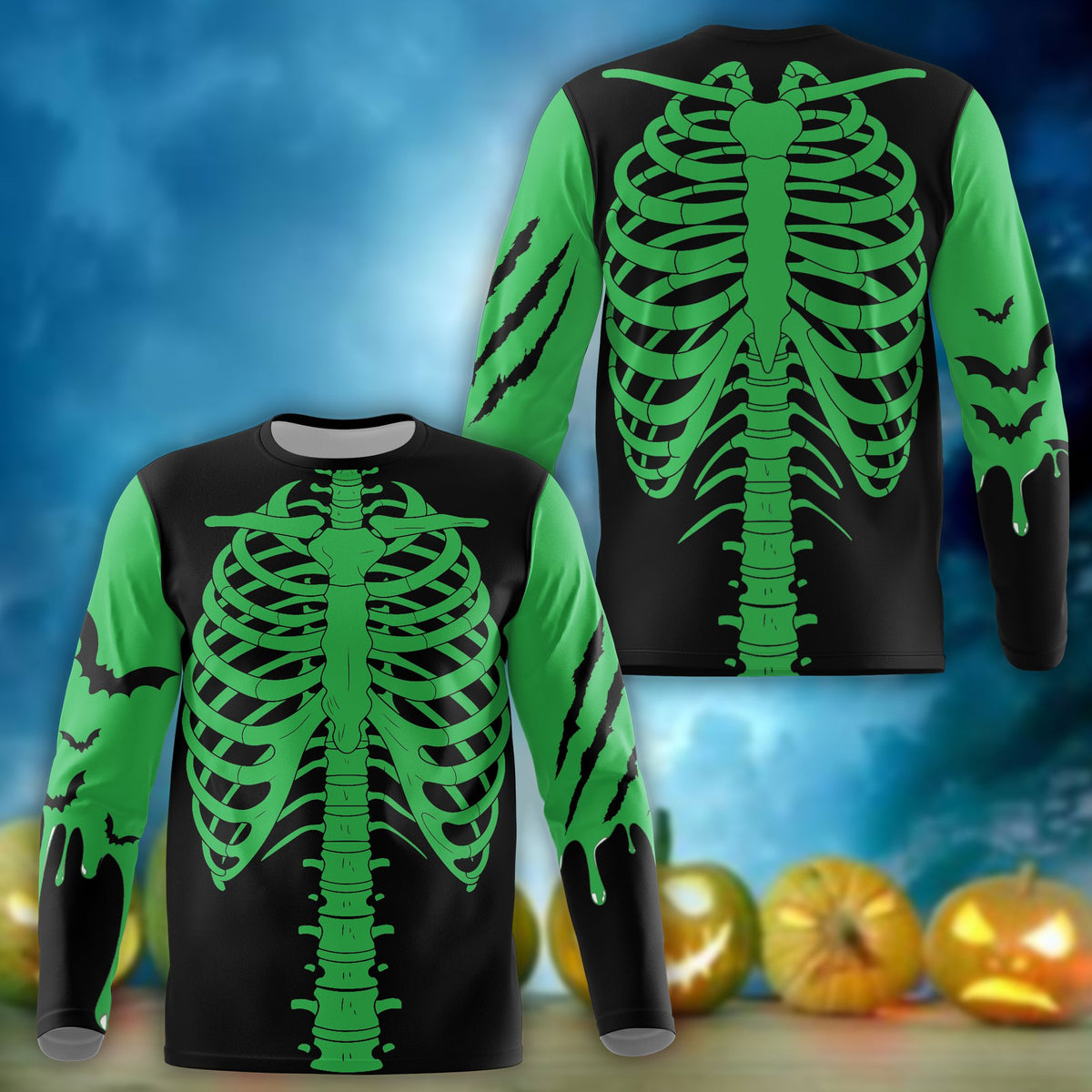Front view of the adult long-sleeve skeleton head t-shirt alternative featuring a green ribcage on a black background
