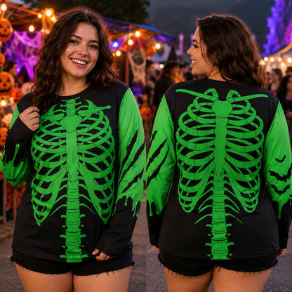Lifestyle view of a person wearing the black and green skeleton t-shirt for Halloween