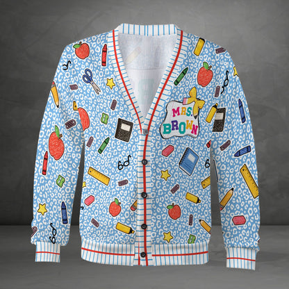 Personalized light blue english teacher cardigan with leopard print and school supplies, main view