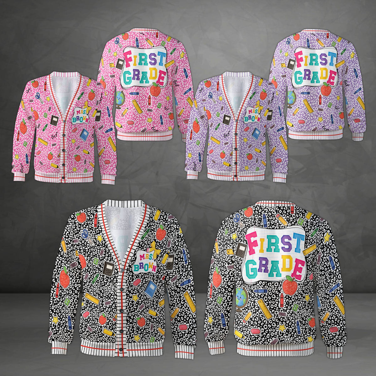 Multicolor personalized teacher cardigan outfit front view with lined paper accents