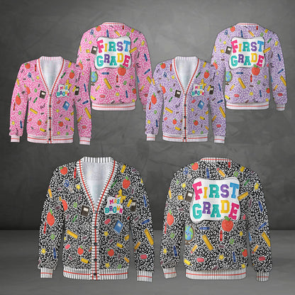 Multicolor personalized teacher cardigan outfit front view with lined paper accents