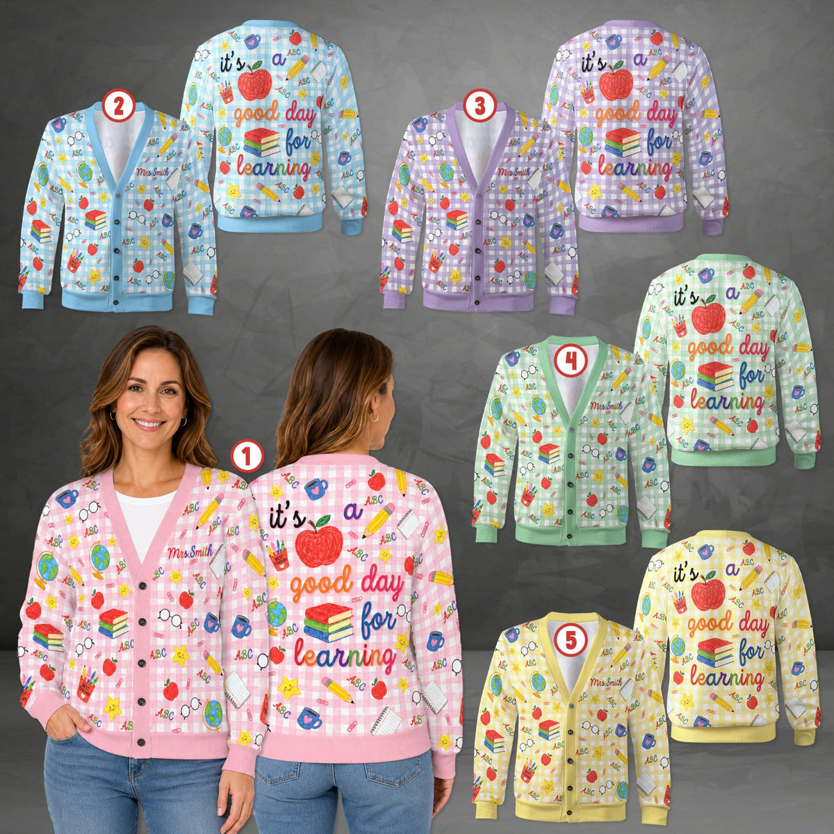 Lifestyle view of a person wearing the custom name and number cardigan