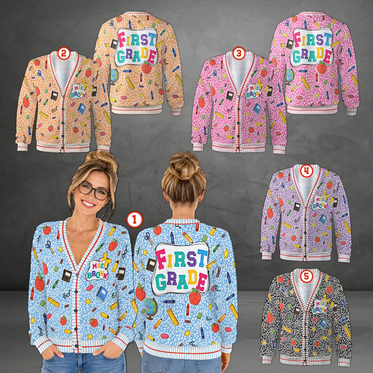 Lifestyle view of someone wearing a multicolor personalized teacher cardigan with school supplies pattern