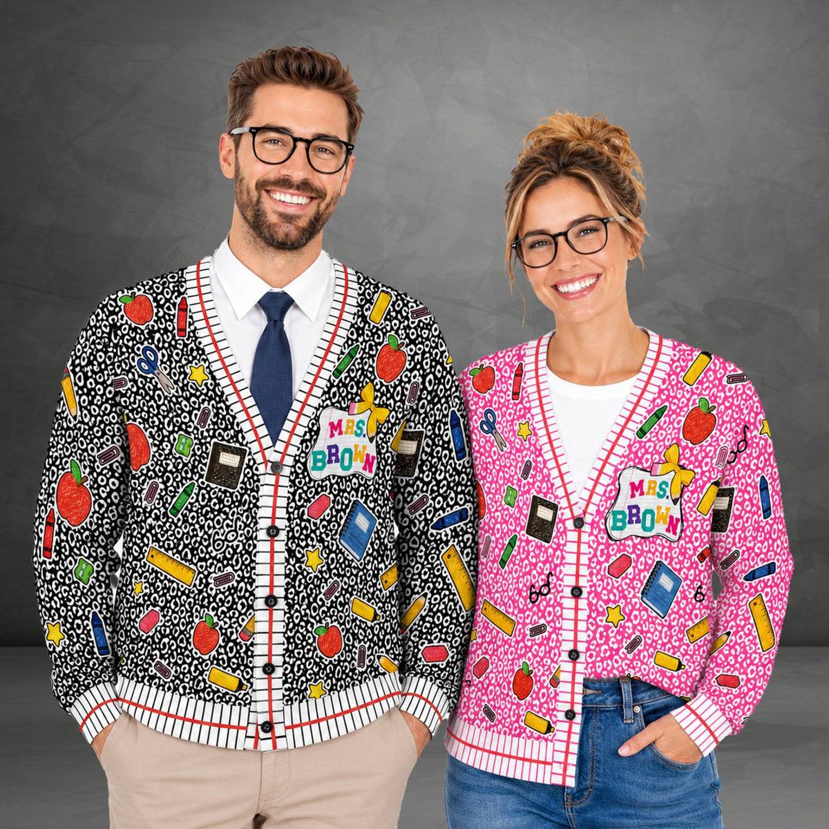 Second lifestyle view of a custom teacher cardigan with name and grade on back