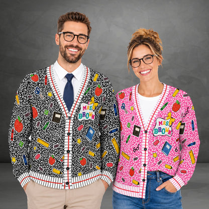 Second lifestyle view of a custom teacher cardigan with name and grade on back